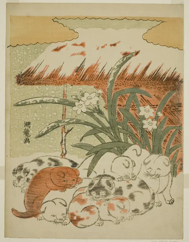 Puppies in the Snow Wall Art by Isoda Koryusai - High-Resolution Digital Print