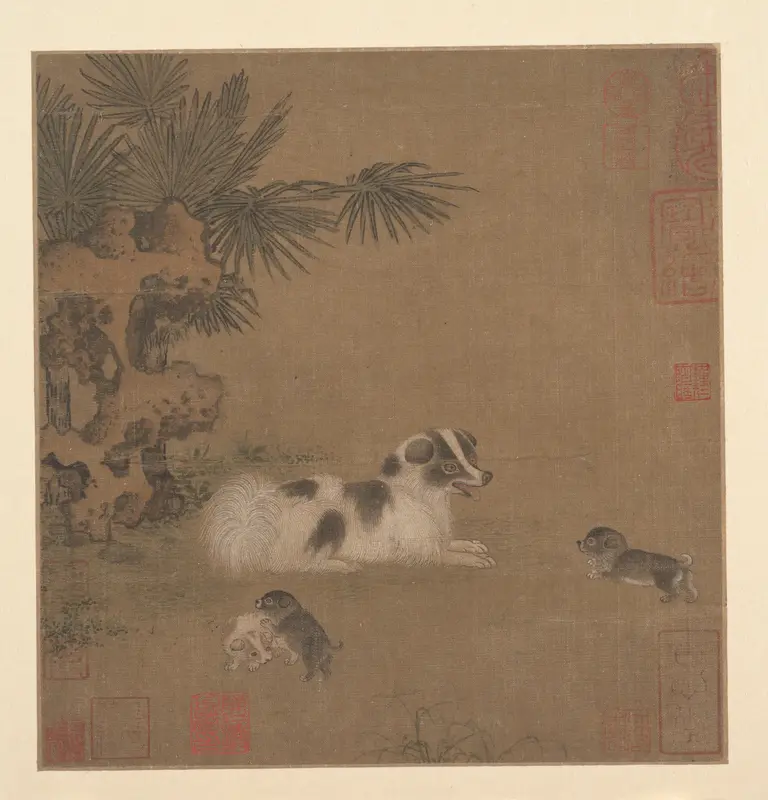 Puppies Playing beside a Palm Tree and Garden Rock