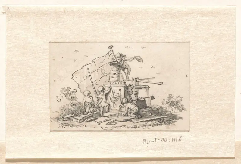 Putti bij symbolen met betrekking tot de VOC, kamer van Amsterdam en de Franse haan Wall Art by Jurriaan Andriessen - High-Resolution Digital Print