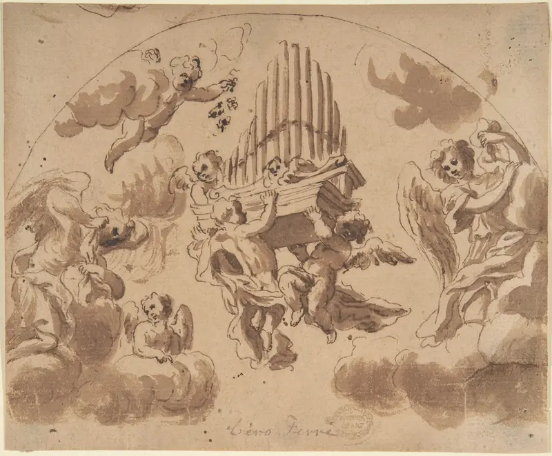 Putti Carrying Organ Pipes Wall Art by Anonymous, Italian, Roman-Bolognese, 17th century - High-Resolution Digital Print
