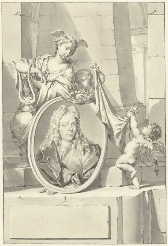 Putti en een vrouw bij een medaillon met het portret van Arnold Houbraken Wall Art by Nicolaas Verkolje - High-Resolution Digital Print