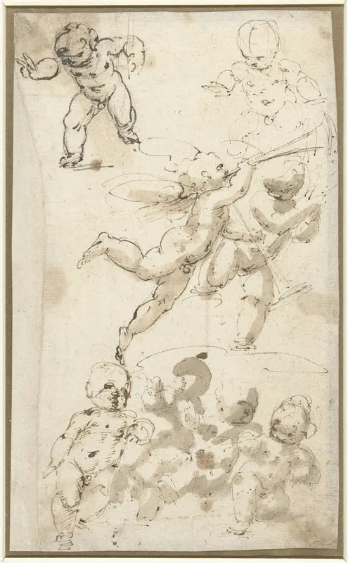 Putti en een zwevende engel Wall Art by Guglielmo Caccia - High-Resolution Digital Print