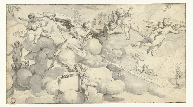 Putti en engel met cartouche Wall Art by Unknown - High-Resolution Digital Print