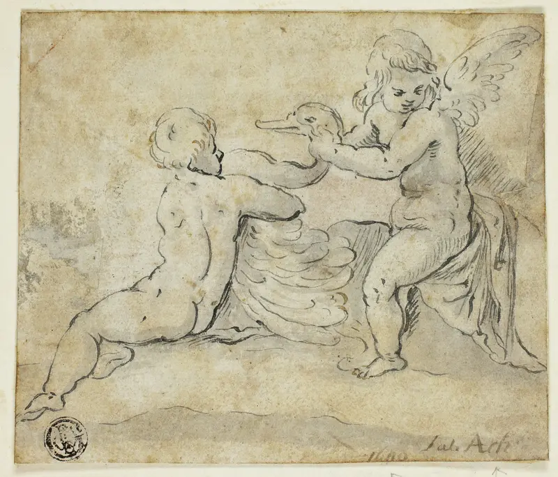 Putti Holding Swan Wall Art by Hans von Aachen - High-Resolution Digital Print