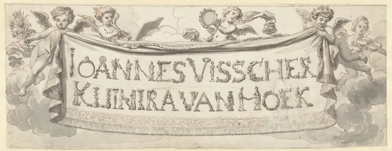 Putti met een spandoek met de namen van Johannes Visscher en Kuinira van Hoek Wall Art by Philip Tidemann - High-Resolution Digital Print