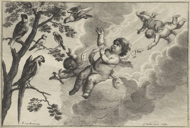 Putti met tropische vogels: het element Lucht Wall Art by Unknown - High-Resolution Digital Print