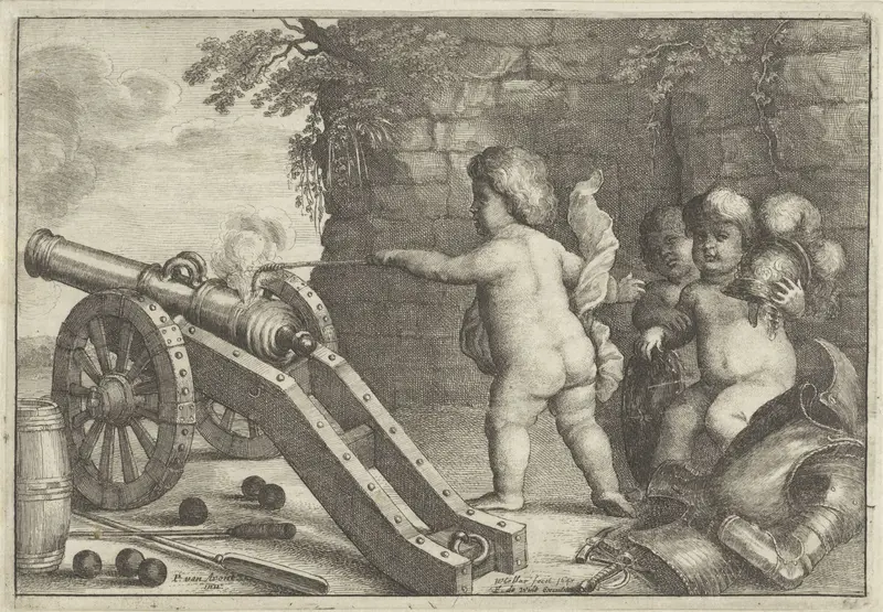 Putti schieten kanon af: Het element Vuur Wall Art by Unknown - High-Resolution Digital Print