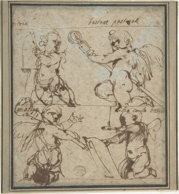 Putti with a Mitre, Crosier Mace, Book, and Candle Wall Art by Daniele Crespi - High-Resolution Digital Print