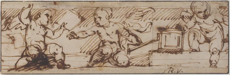 Putti with a Small Keyboard Instrument and Music Books Wall Art by Daniele Crespi - High-Resolution Digital Print