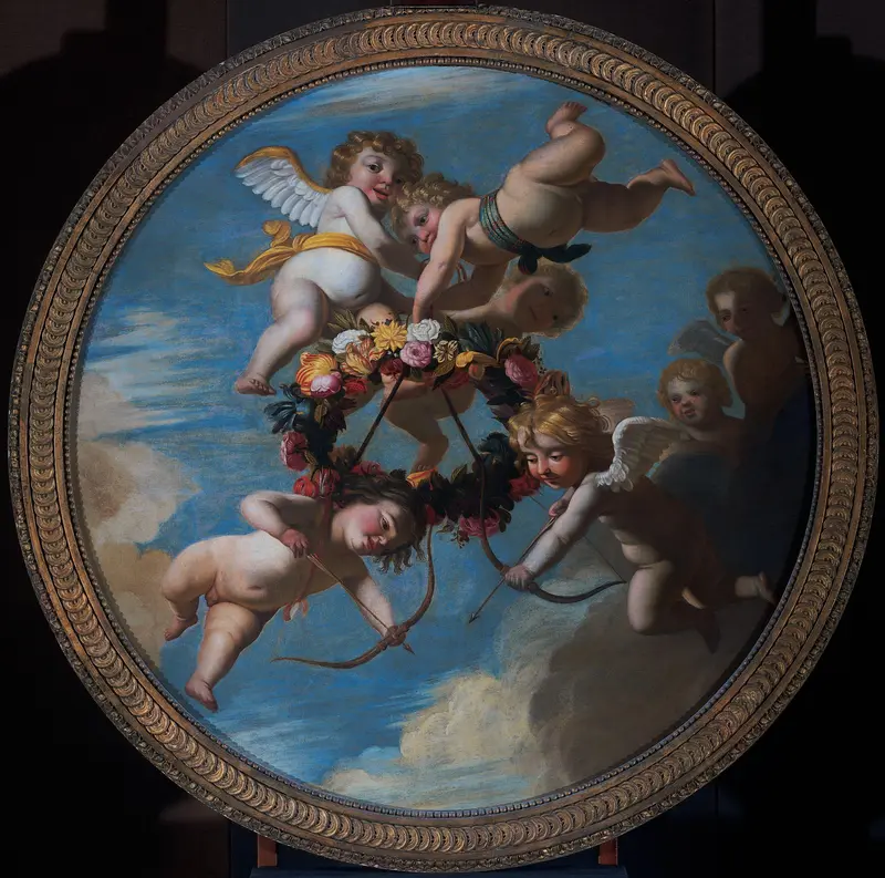 Putti with a Wreath of Flowers Wall Art by Unknown - High-Resolution Digital Print