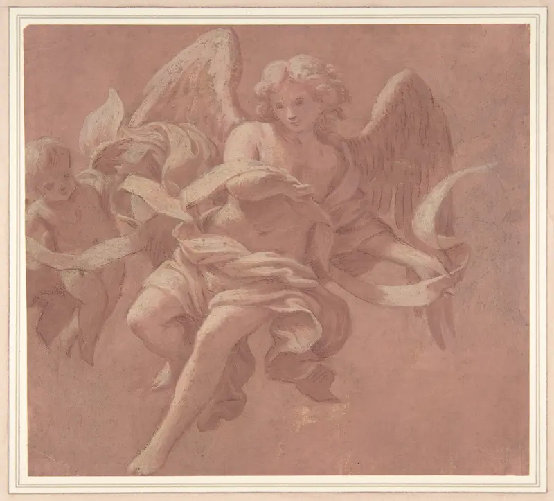 Putto and Angel Holding a Banderole Wall Art by Antonio Franchi (Il Lucchese) - High-Resolution Digital Print