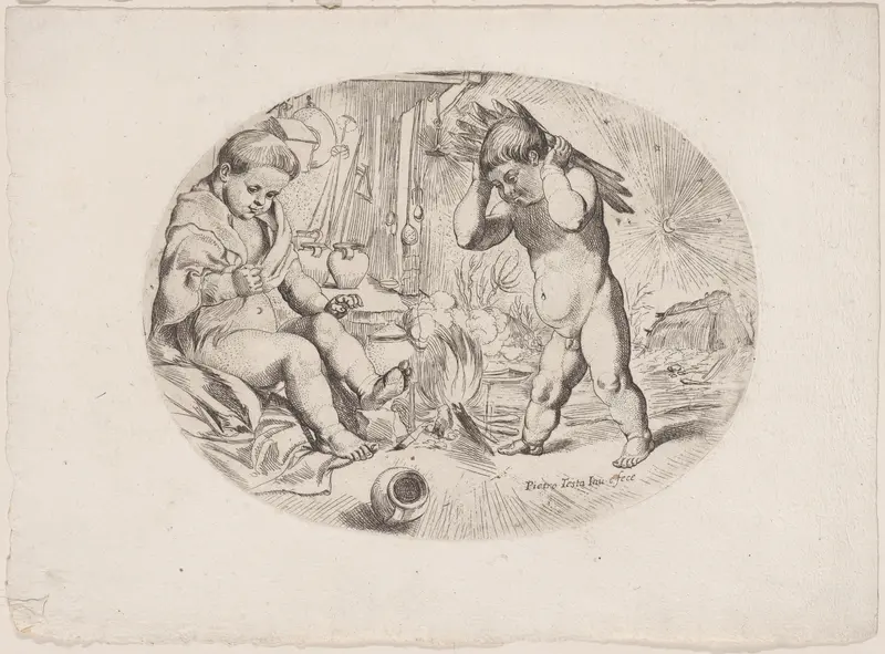 Putto at left by a fire, anther at right carrying wood, an allegory of the seasons (Winter) Wall Art by Anonymous, 17th century - High-Resolution Digital Print