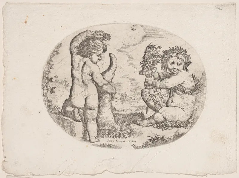 Putto at left holding an upturned cornucopia and a garland, another seated at the right holding an urn, an allegory of the seasons (Autumn) Wall Art by Anonymous, 17th century - High-Resolution Digital Print