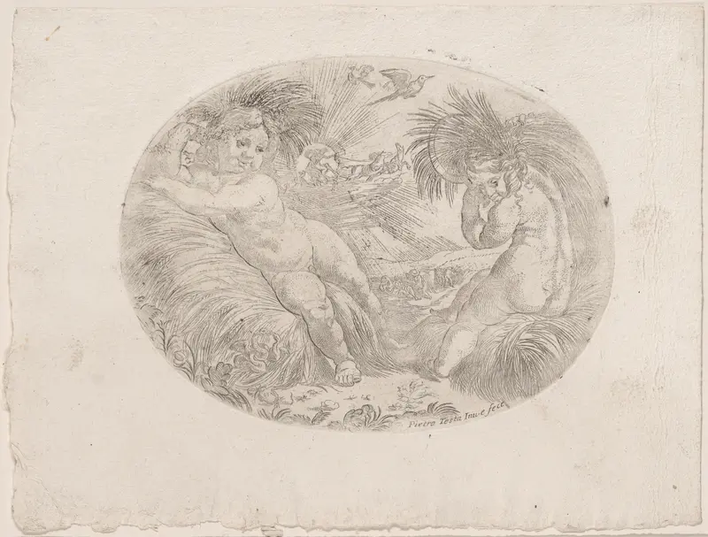 Putto at left reclining on sheaves of wheat, another at right carrying a sheave over his shoulder, an allegory of the seasons (Summer) Wall Art by Anonymous, 17th century - High-Resolution Digital Print