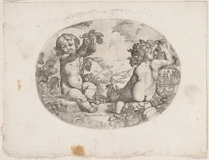 Putto at the left hold aloft grapes, another seated at the right holding an urn, an allegory of the seasons (Summer) Wall Art by Anonymous, 17th century - High-Resolution Digital Print