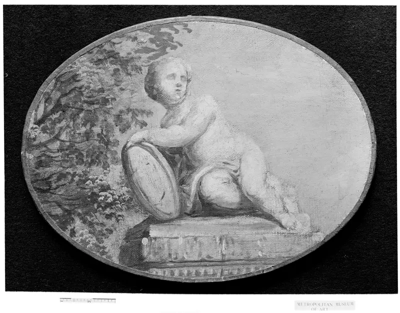 Putto on a pedestal against background of verdure