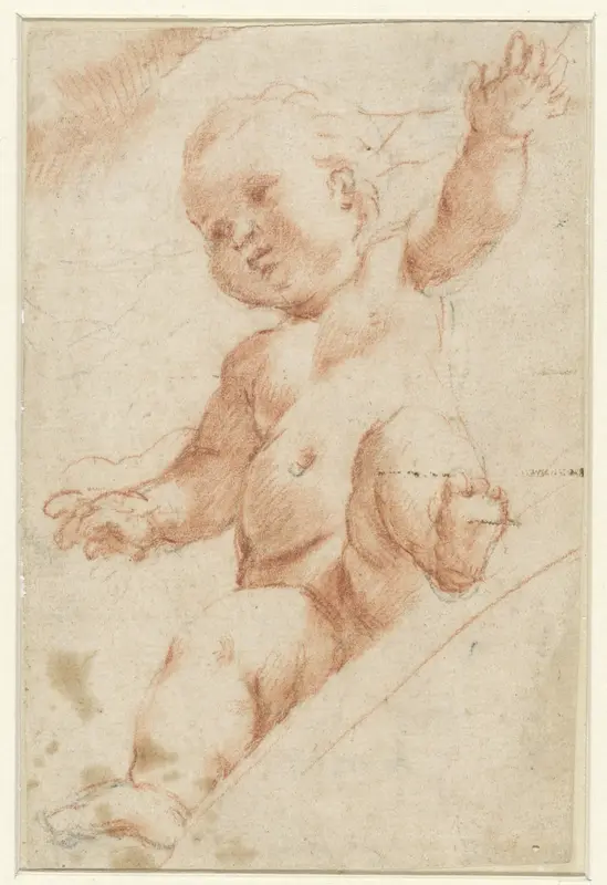 Putto zittend op een boog, van onderaf gezien Wall Art by Bartolomeo Schedoni - High-Resolution Digital Print
