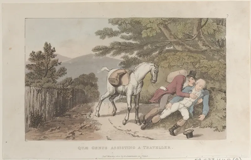 Quae Genus Assisting a Traveler Wall Art by Thomas Rowlandson - High-Resolution Digital Print