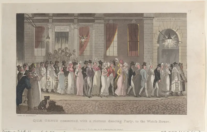 Quae Genus Committed, with a Riotous Dancing Party, to the Watch-House Wall Art by Thomas Rowlandson - High-Resolution Digital Print