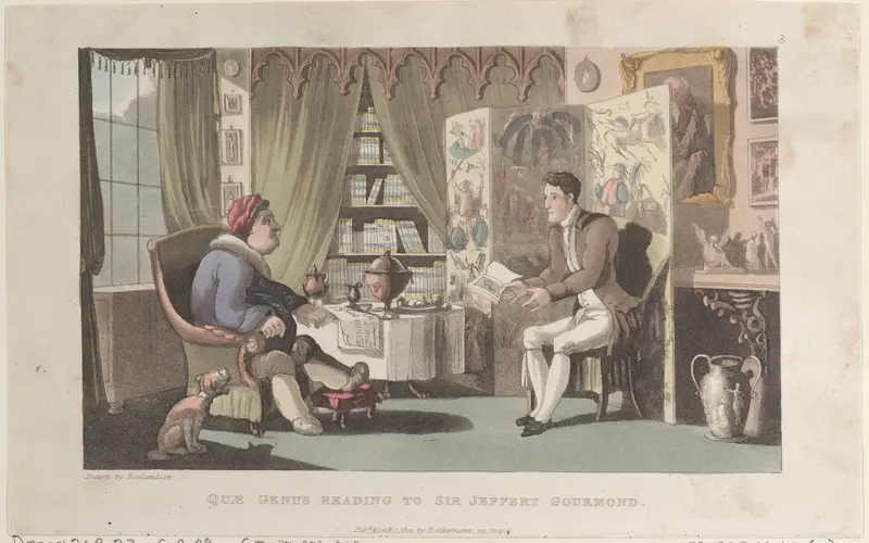 Quae Genus Reading to Sir Jeffery Gourmand Wall Art by Thomas Rowlandson - High-Resolution Digital Print