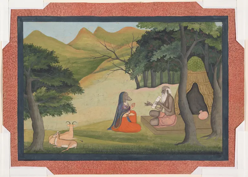 Queen Choladevi Before the Hermit-Sage Angiras:  Page from a Dispersed Vrataraja:  (King of Vratas, Rites Undertaken to Fulfill a Vow) Wall Art by Unknown - High-Resolution Digital Print