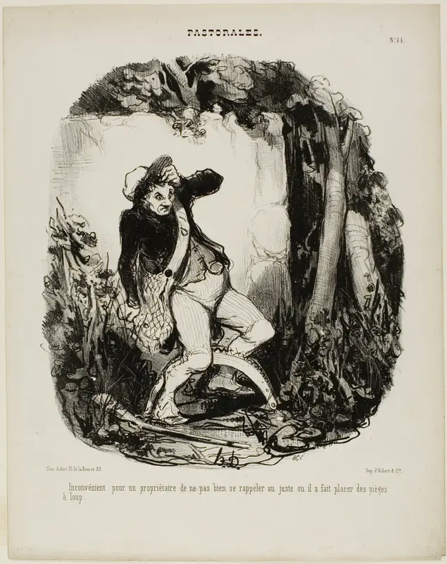 Quite embarrassing not to remember where one has hidden the wolf traps, plate 44 from Pastorales