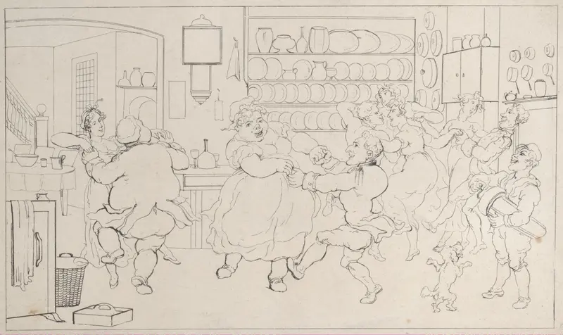 Quoe Genus in the Sports of the Kitchen, from "The History of Johnny Quoe Genus: the Little Foundling of the Late Doctor Syntax" Wall Art by Thomas Rowlandson - High-Resolution Digital Print