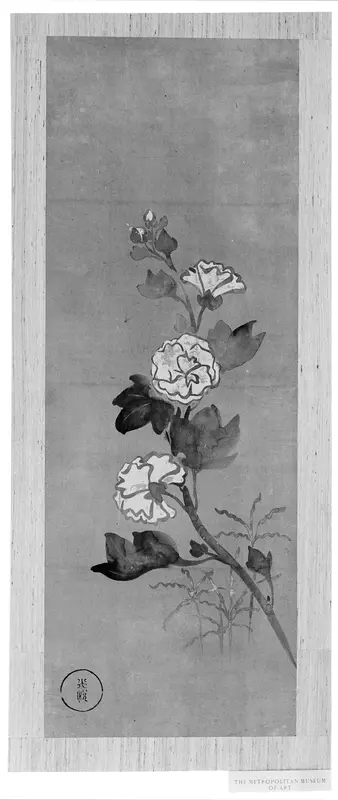 Rabbits under the Moon, Peonies, and Hollyhocks