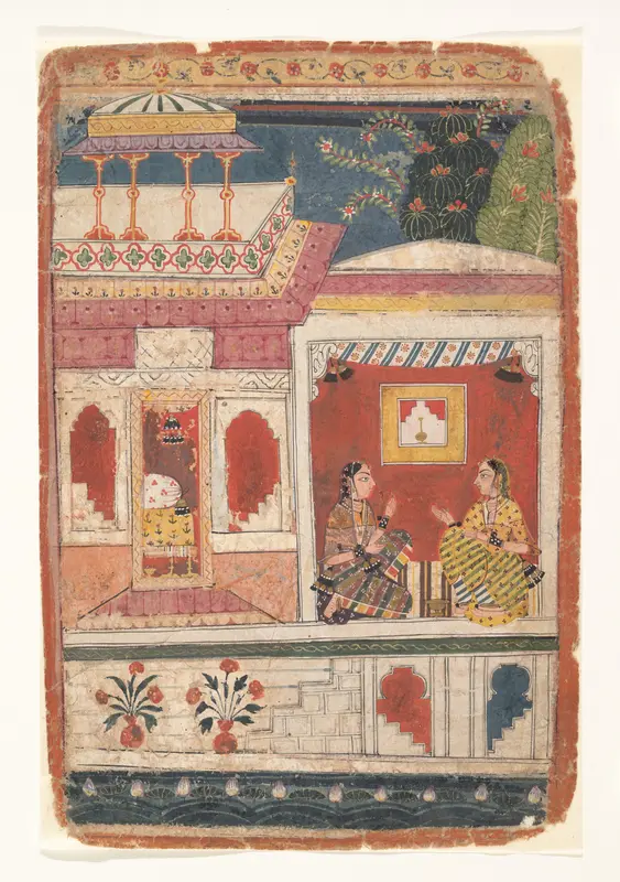 Radha and Her Confidant Sit in an Open Room: Page from a Dispersed Rasikapriya Wall Art by Unknown - High-Resolution Digital Print