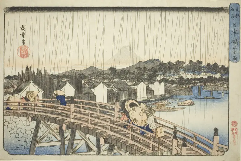 Rain at Nihonbashi Bridge (Nihonbashi no hakuu), from the series "Famous Places in the Eastern Capital (Toto meisho)"