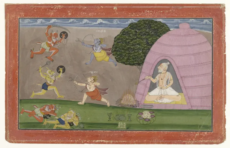 Rama en Lakshmana strijden tegen de demonen Maricha en Suvahu Wall Art by anonymous - High-Resolution Digital Print
