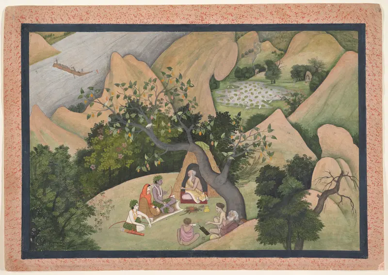 Rama, Sita, and Lakshmana at the Hermitage of Bharadvaja: Illustrated folio from a dispersed Ramayana series Wall Art by Unknown - High-Resolution Digital Print