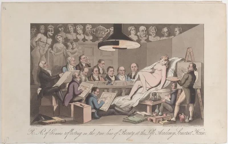 R.A.'s of Genius Reflecting on the True Line of Beauty, at the Life Academy Somerset House Wall Art by Thomas Rowlandson - High-Resolution Digital Print