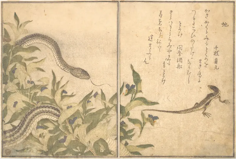 Rat Snake (Hebi); Lizard or Skink (Tokage), from the Picture Book of Crawling Creatures (Ehon mushi erami)