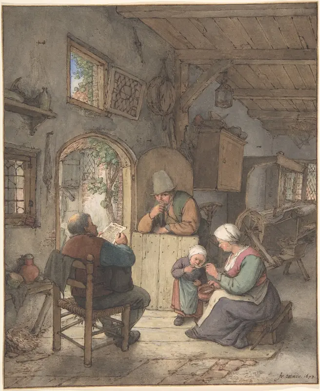 Reading the News at the Weavers' Cottage Wall Art by Adriaen van Ostade - High-Resolution Digital Print
