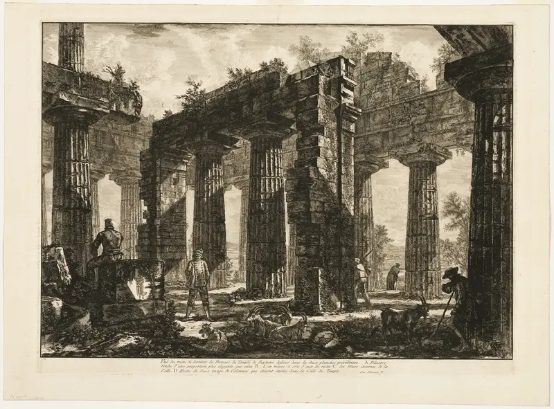 Rear view of the remains of the pronaos of the Temple of Neptune, drawn in the two preceding plates, from Different views of Paestum