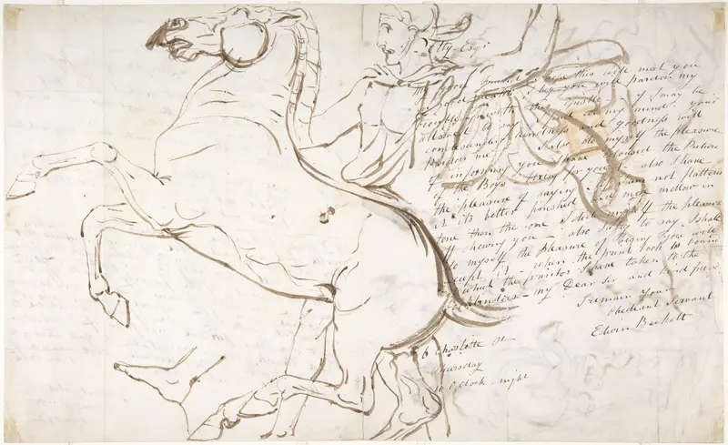 Rearing horse and trainer, drawn on a letter (recto); Studies of women and children (verso) Wall Art by William Etty - High-Resolution Digital Print