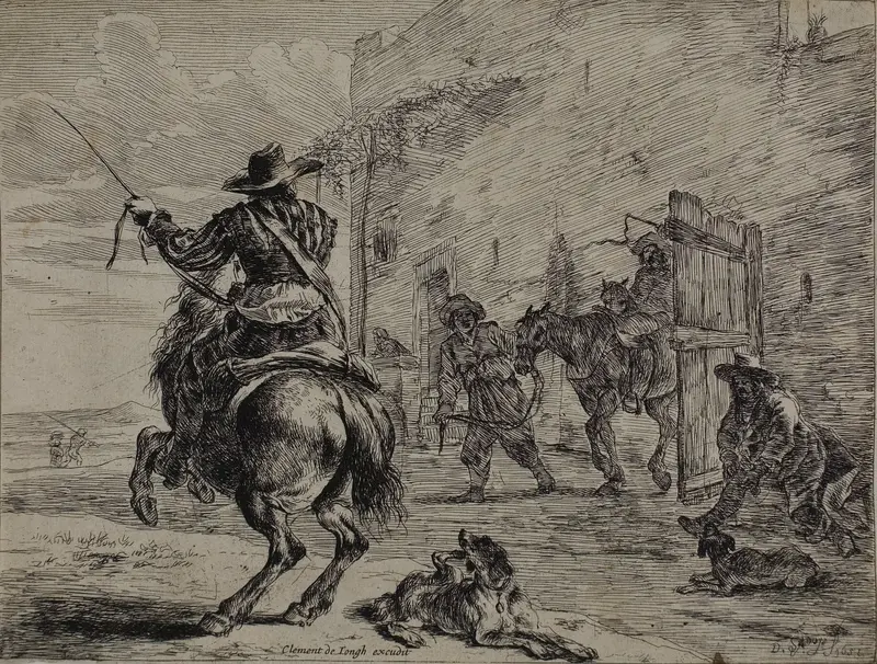 Rearing Horse, Near a Stable, plate one from Series of Horses Wall Art by Dirck Stoop - High-Resolution Digital Print
