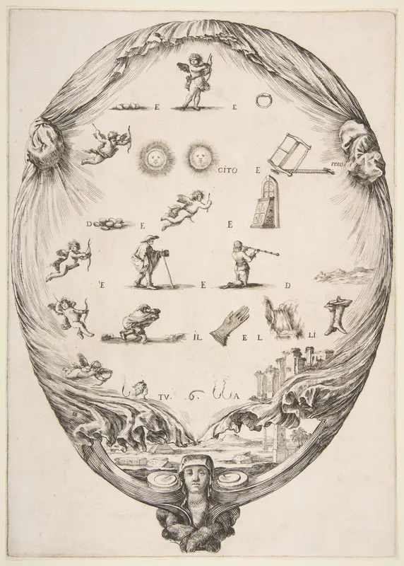 Rébus on the subject of love, a riddle depicted on drapery, below a landscape with a pyramid and two obelisks, a bust of a sphinx at bottom, an oval composition Wall Art by Stefano della Bella - High-Resolution Digital Print