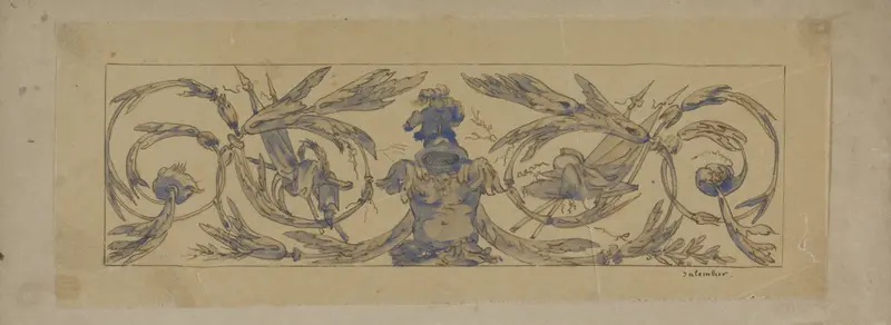 Rechthoekig veld met symmetrische bladranken met vaandels, wapens en een lauwerkrans, met in het midden een helm boven een maliënkolder Wall Art by Henri Cameré - High-Resolution Digital Print