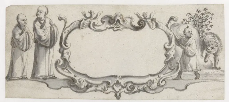 Rechthoekige cartouche met drie Chinezen en een tijger Wall Art by Pieter Jansz - High-Resolution Digital Print