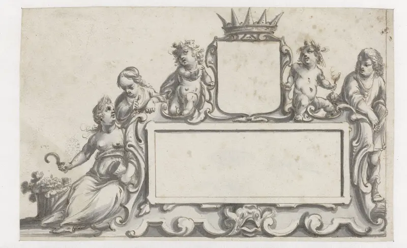 Rechthoekige cartouche met een wapenschild en vijf figuren Wall Art by Pieter Jansz - High-Resolution Digital Print