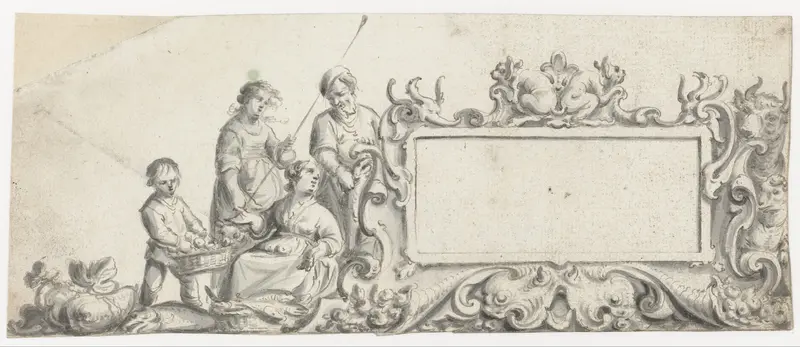 Rechthoekige cartouche met vier personen en dieren Wall Art by Pieter Jansz - High-Resolution Digital Print