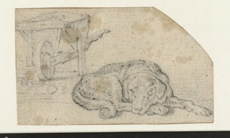 Reclining Dog near a Wheelbarrow Wall Art by Cornelis Saftleven - High-Resolution Digital Print