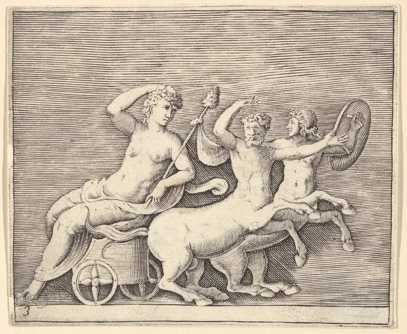 Reclining Female Figure on a Chariot drawn by Two Centaurs, from "Ex Antiquis Cameorum et Gemmae Delineata/ Liber Secundus/et ab Enea Vico Parmen Incis" Wall Art by Anonymous, Italian, 16th century - High-Resolution Digital Print