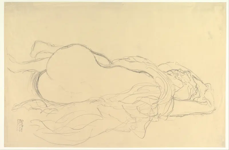 Reclining Nude with Drapery, Back View Wall Art by Gustav Klimt - High-Resolution Digital Print