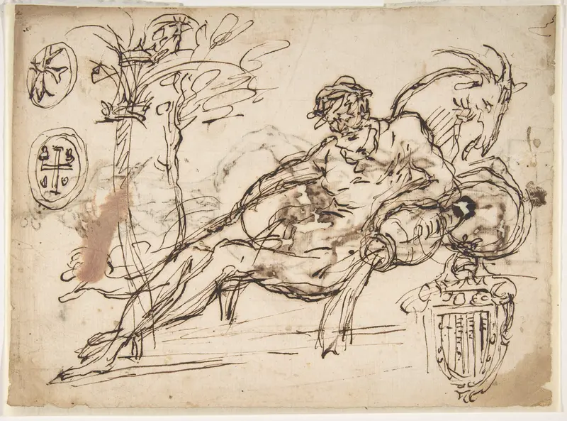 Reclining River God, a Goat's Head, and Studies of Heraldic Emblems (recto); Cavalier Standing on a Globe Supported by a Kneeling Giant (verso) Wall Art by Micco Spadaro (Domenico Gargiulo) - High-Resolution Digital Print