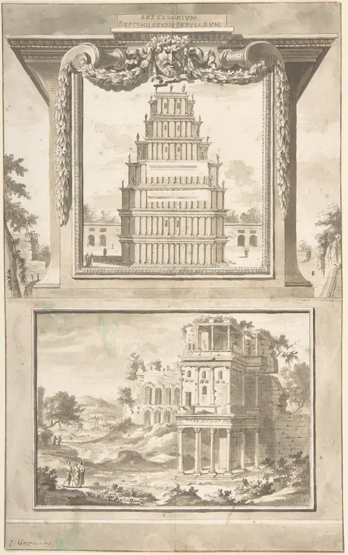 Reconstruction of the Monument to Septimius Severus (above), View of the Ruins (below) Wall Art by Jan Goeree - High-Resolution Digital Print