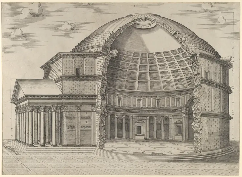 Reconstruction of the Pantheon in Rome, seen from the side, cut away to reveal the interior Wall Art by Anonymous - High-Resolution Digital Print