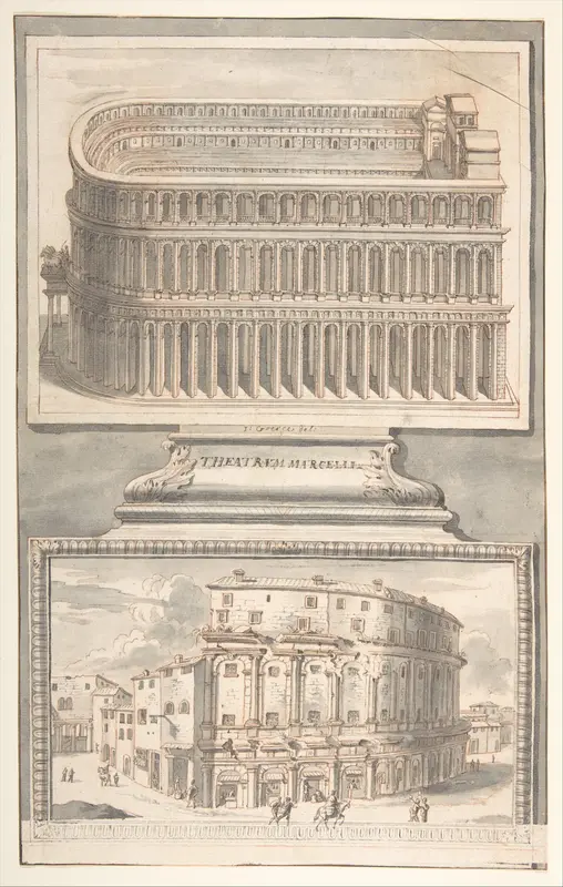 Reconstruction of the Theatre of Marcellus (above) and a View of the Ruins (below) Wall Art by Jan Goeree - High-Resolution Digital Print